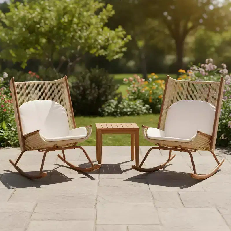 Christopher Knight Home Ved Farmhouse 3 Piece Patio Dining Set with Acacia Wood Table and Iron Rocking Chairs
