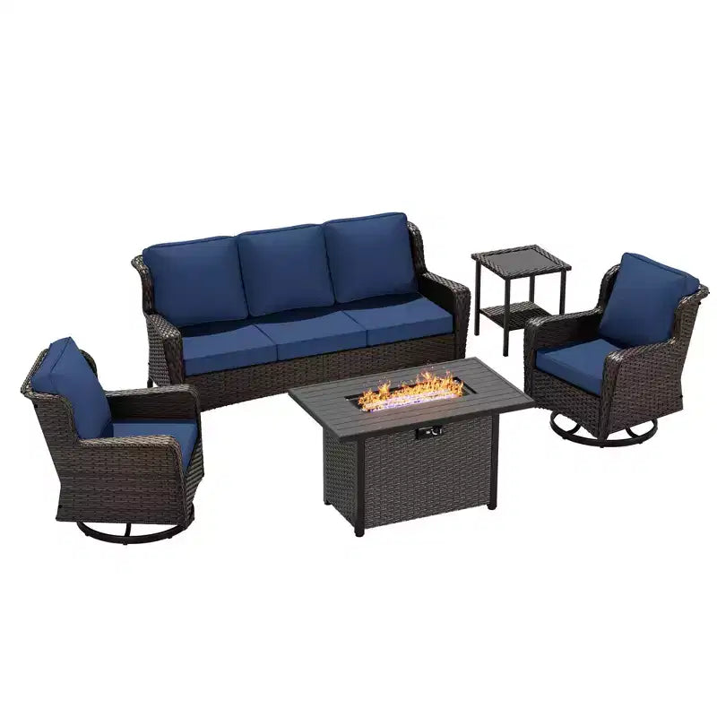 UPTIOT 5-Piece Outdoor Set: 3-Seat Sofa, 2 Swivel Chairs, Fire Pit Table & Side Table