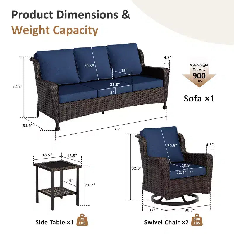 UPTIOT 5-Piece Outdoor Set: 3-Seat Sofa, 2 Swivel Chairs, Fire Pit Table & Side Table
