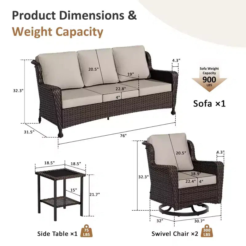 UPTIOT 5-Piece Outdoor Set: 3-Seat Sofa, 2 Swivel Chairs, Fire Pit Table & Side Table