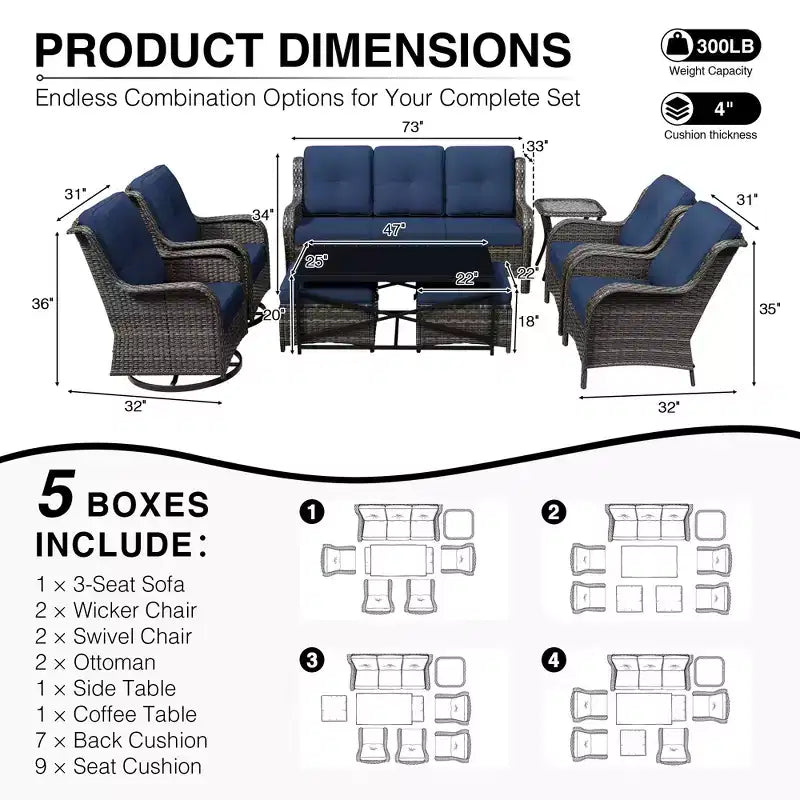 UPTIOT Premium Outdoor Lounge Set with Sofa, Swivel Chairs, and Ottoman for Ultimate Comfort and Style