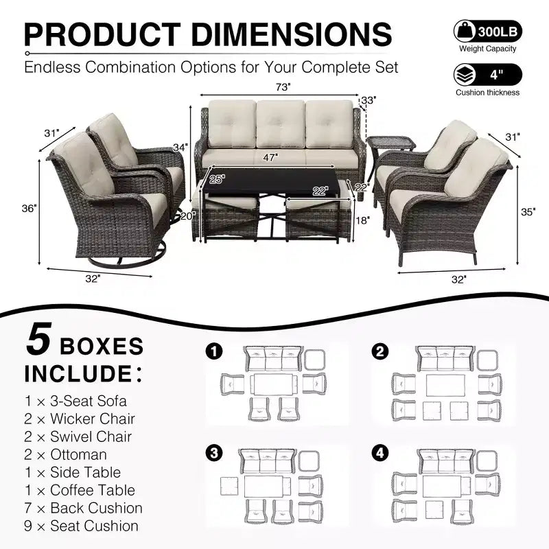 UPTIOT Premium Outdoor Lounge Set with Sofa, Swivel Chairs, and Ottoman for Ultimate Comfort and Style