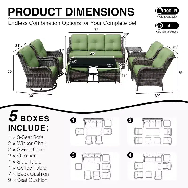 UPTIOT Premium Outdoor Lounge Set with Sofa, Swivel Chairs, and Ottoman for Ultimate Comfort and Style