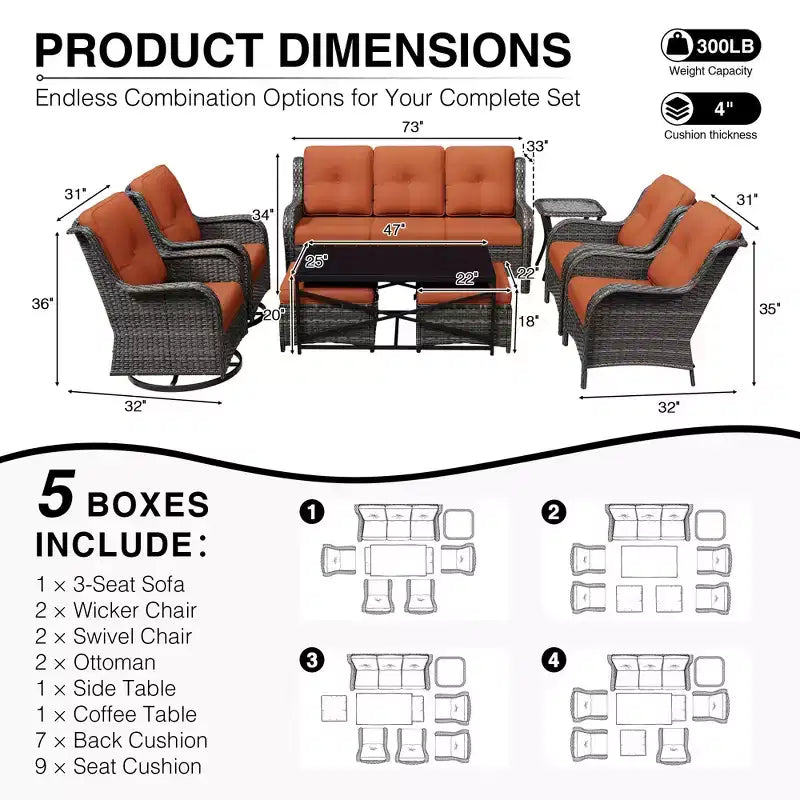 UPTIOT Premium Outdoor Lounge Set with Sofa, Swivel Chairs, and Ottoman for Ultimate Comfort and Style
