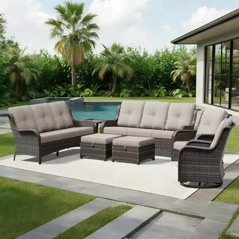 UPTIOT Premium Dual Outdoor Sofa Set with Swivel Chairs and Convertible Ottomans