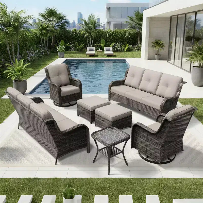 UPTIOT Premium Dual Outdoor Sofa Set with Swivel Chairs and Convertible Ottomans