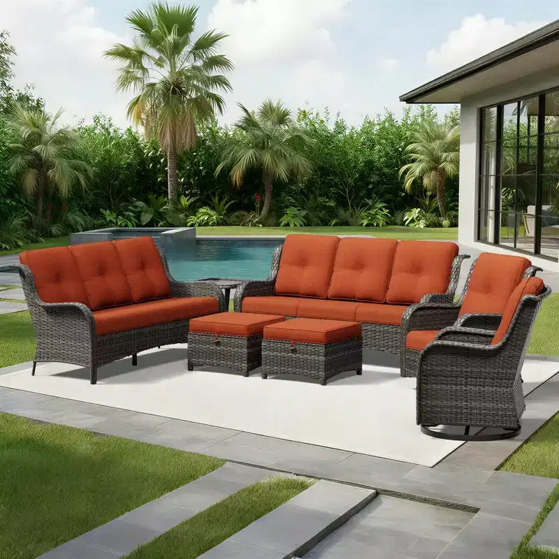 UPTIOT Premium Dual Outdoor Sofa Set with Swivel Chairs and Convertible Ottomans