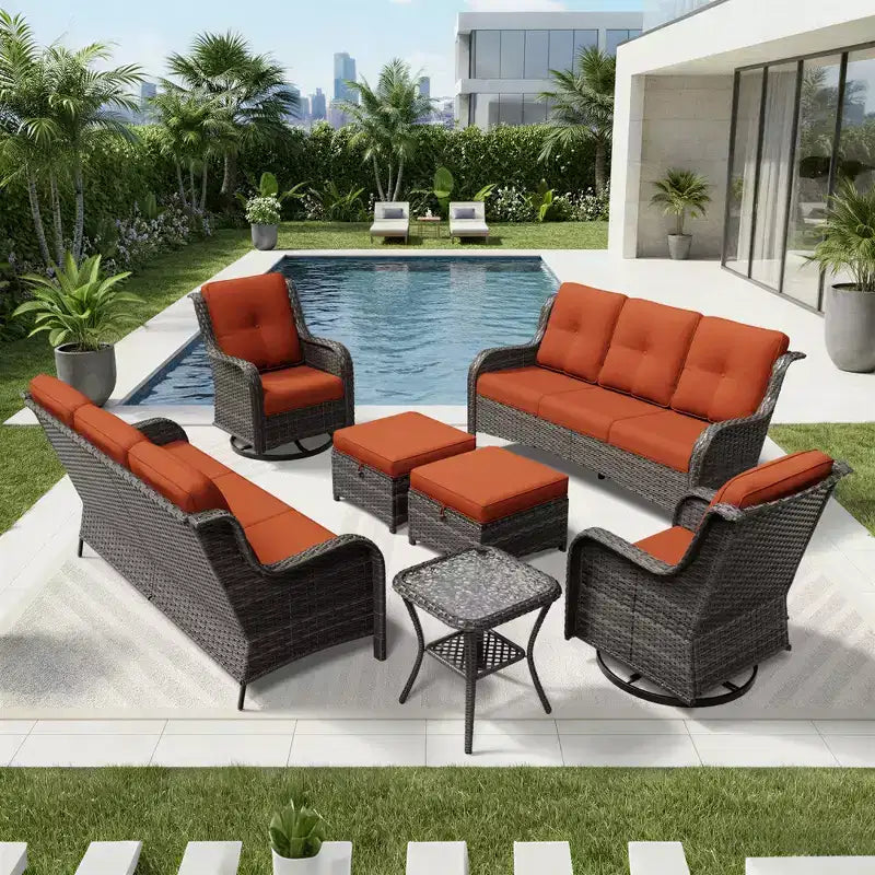UPTIOT Premium Dual Outdoor Sofa Set with Swivel Chairs and Convertible Ottomans