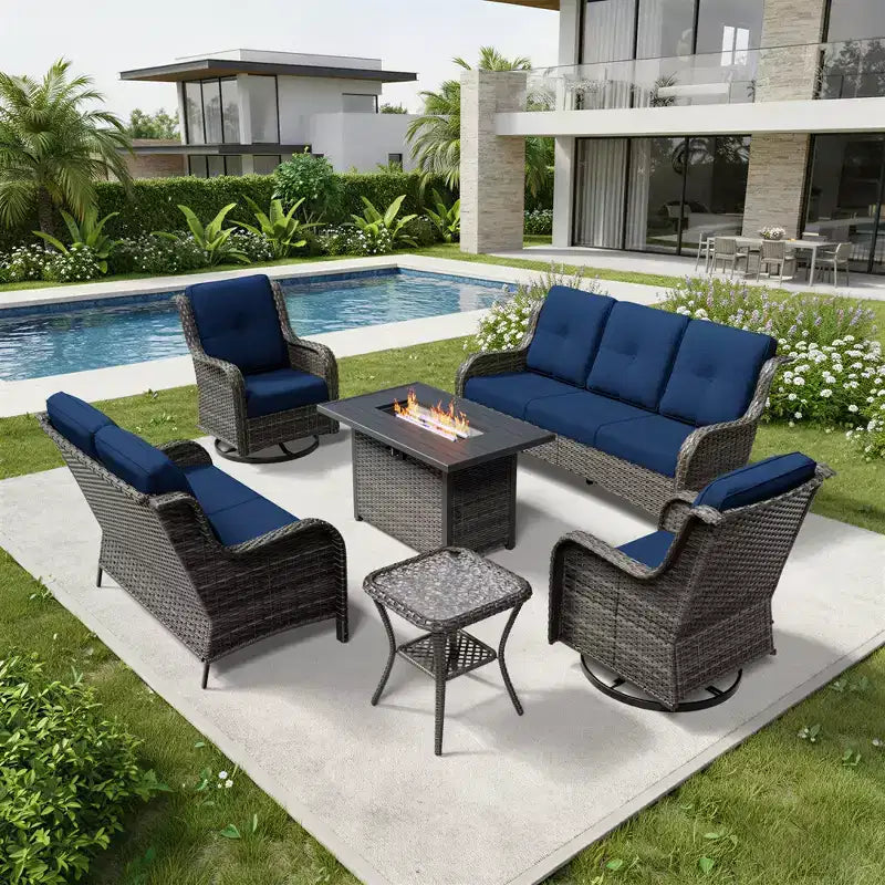 UPTIOT Premium Outdoor Sofa Set with Fire Pit Table & Swivel Chairs