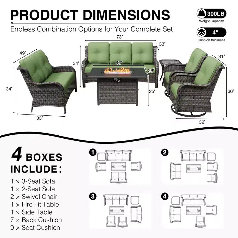 UPTIOT Premium Outdoor Sofa Set with Fire Pit Table & Swivel Chairs
