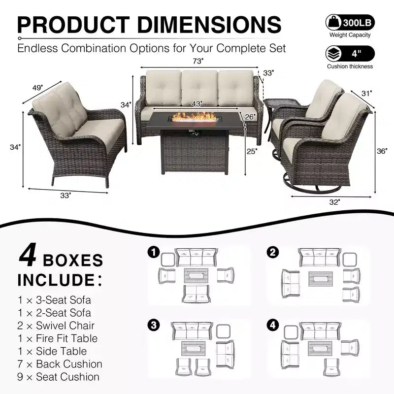 UPTIOT Premium Outdoor Sofa Set with Fire Pit Table & Swivel Chairs