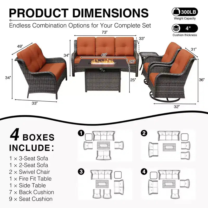 UPTIOT Premium Outdoor Sofa Set with Fire Pit Table & Swivel Chairs