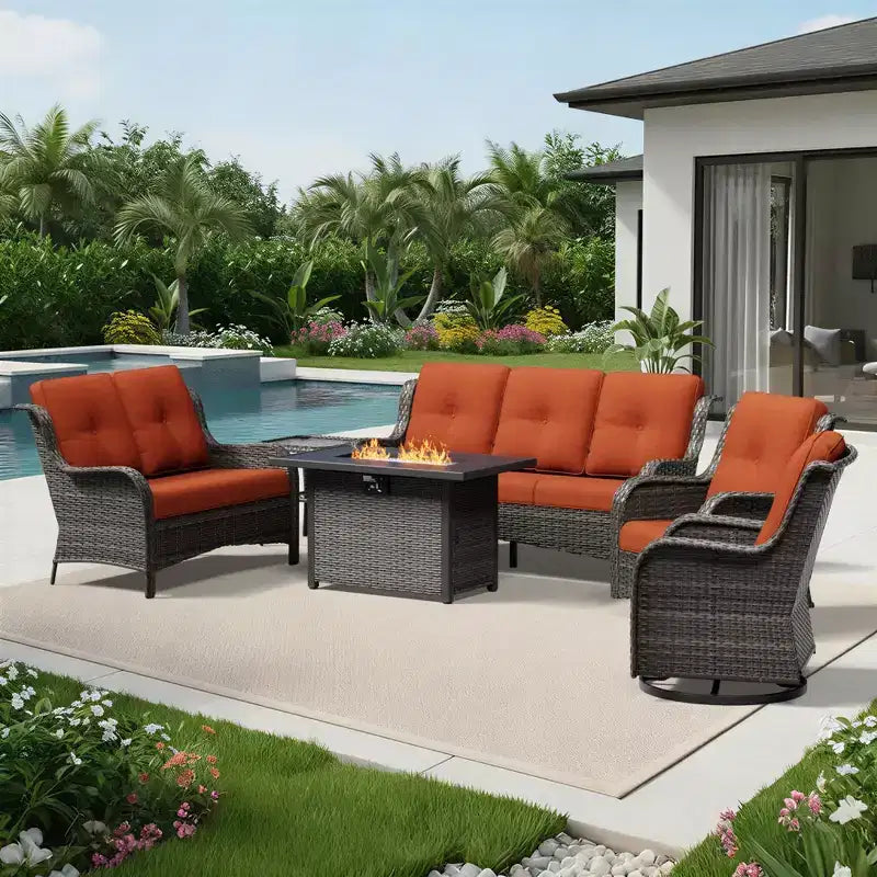 UPTIOT Premium Outdoor Sofa Set with Fire Pit Table & Swivel Chairs