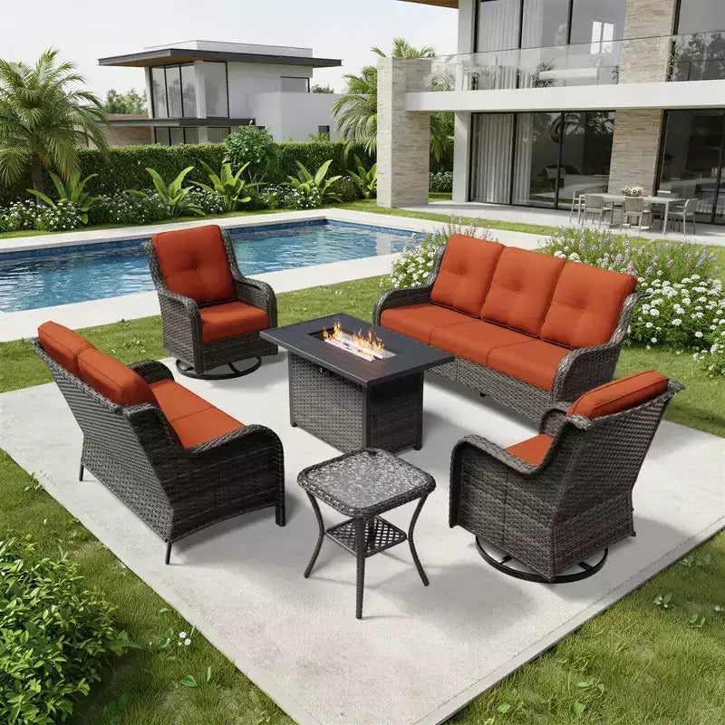 UPTIOT Premium Outdoor Sofa Set with Fire Pit Table & Swivel Chairs