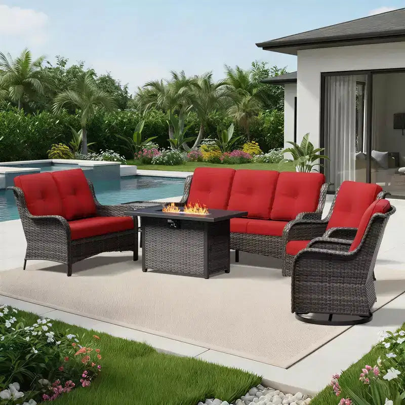 UPTIOT Premium Outdoor Sofa Set with Fire Pit Table & Swivel Chairs