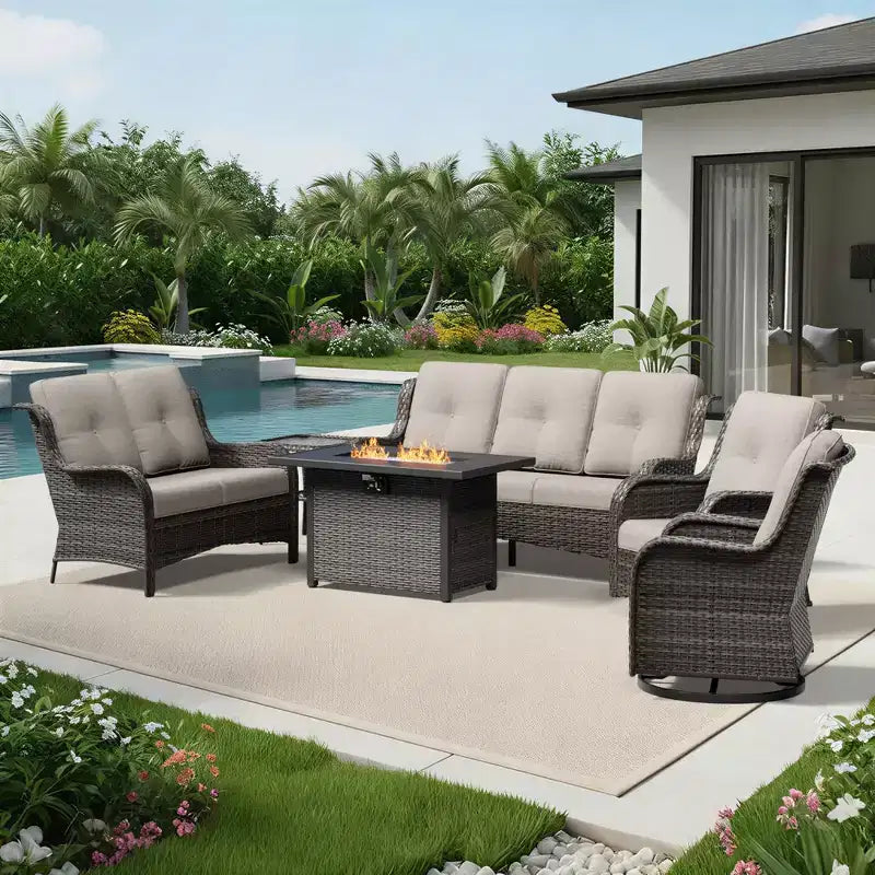 UPTIOT Premium Outdoor Sofa Set with Fire Pit Table & Swivel Chairs
