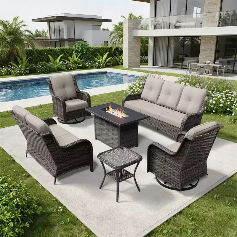 UPTIOT Premium Outdoor Sofa Set with Fire Pit Table & Swivel Chairs