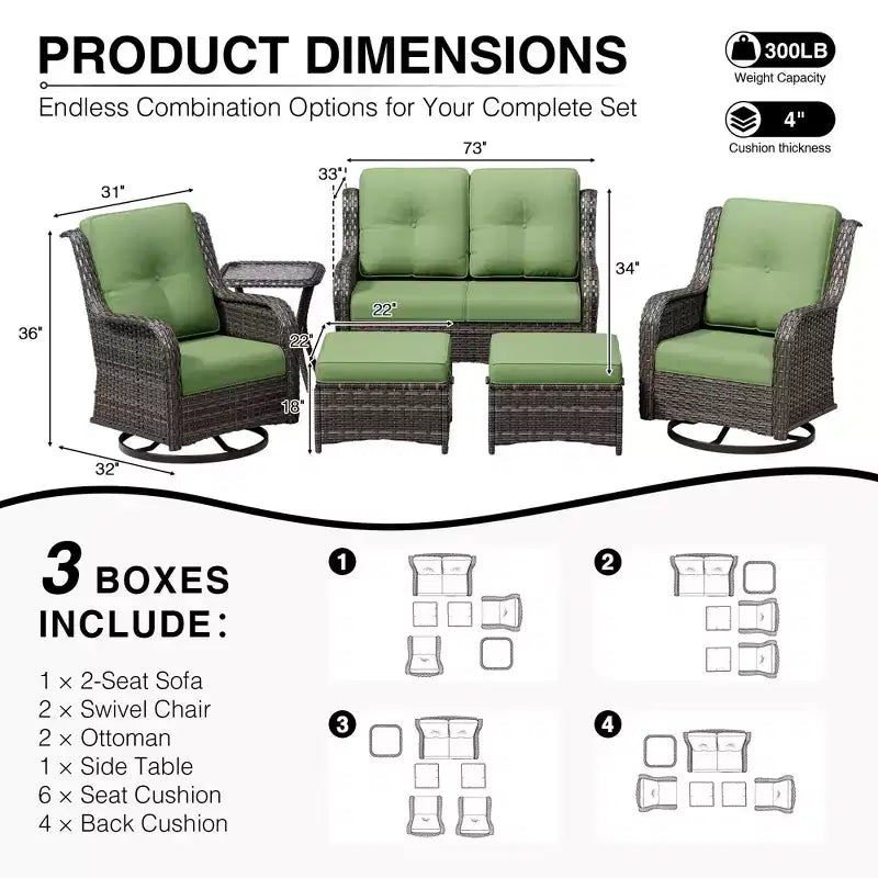 UPTIOT Premium 2-Seat Outdoor Sofa Set with Swivel Chairs & Multi-Functional Ottomans