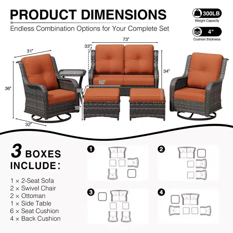 UPTIOT Premium 2-Seat Outdoor Sofa Set with Swivel Chairs & Multi-Functional Ottomans
