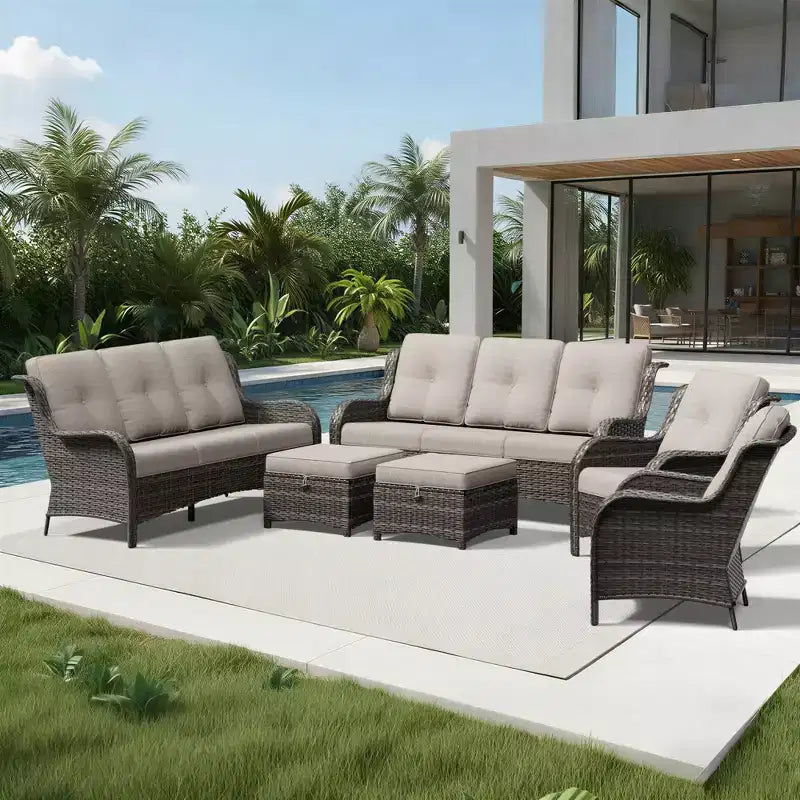 UPTIOT Premium Handwoven Wicker Outdoor Seating Set with Multi-Functional Ottomans