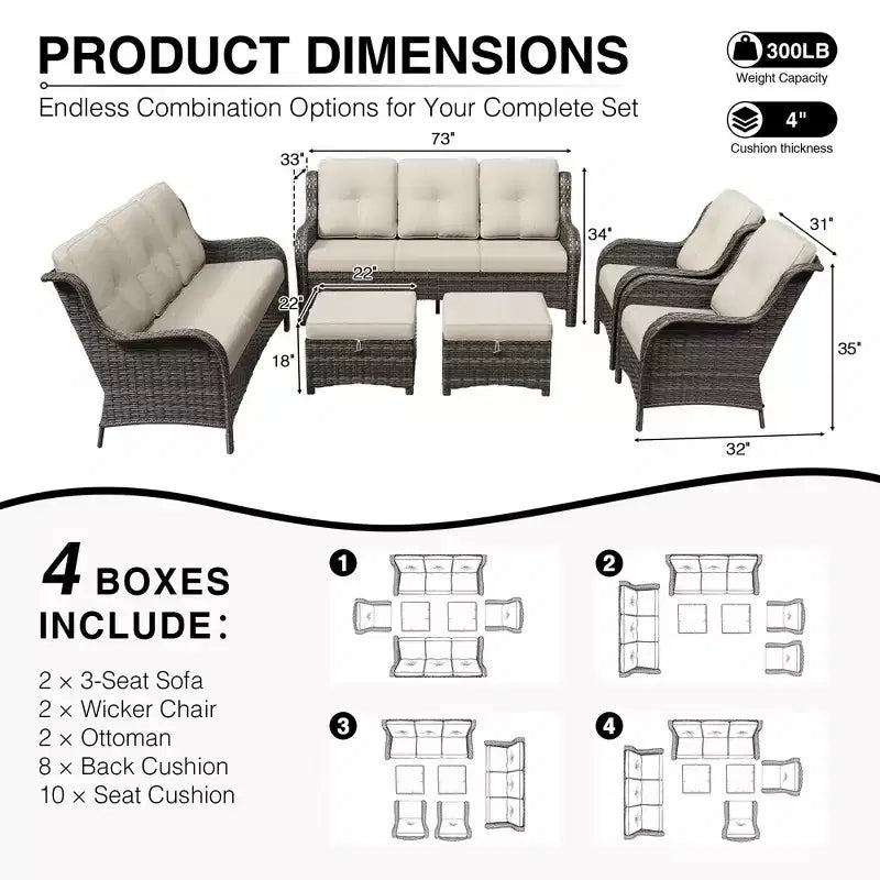 UPTIOT Premium Handwoven Wicker Outdoor Seating Set with Multi-Functional Ottomans