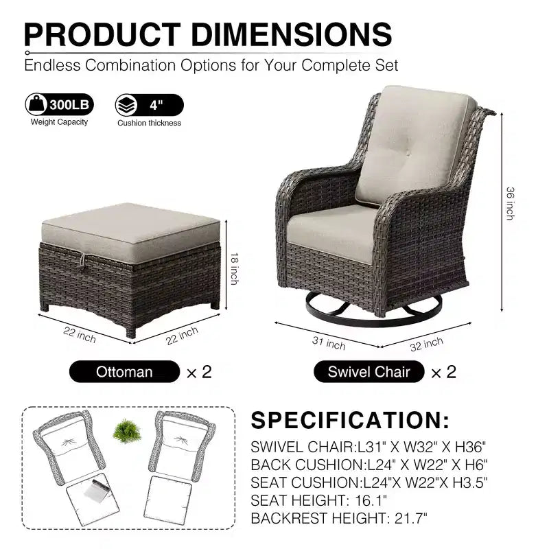 UPTIOT Outdoor Swivel Chairs & Ottomans Set: 2 Rotating Chairs + 2 Multi-Functional Ottomans