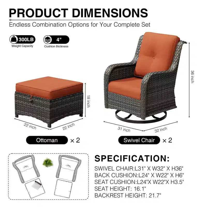 UPTIOT Outdoor Swivel Chairs & Ottomans Set: 2 Rotating Chairs + 2 Multi-Functional Ottomans