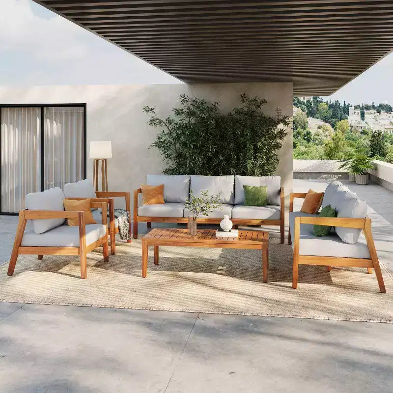 Christopher Knight Home Phichai Modernes 5-teiliges Terrassen-Sitzmöbelset aus Akazienholz mit Polstern und Lattenrost-Tisch