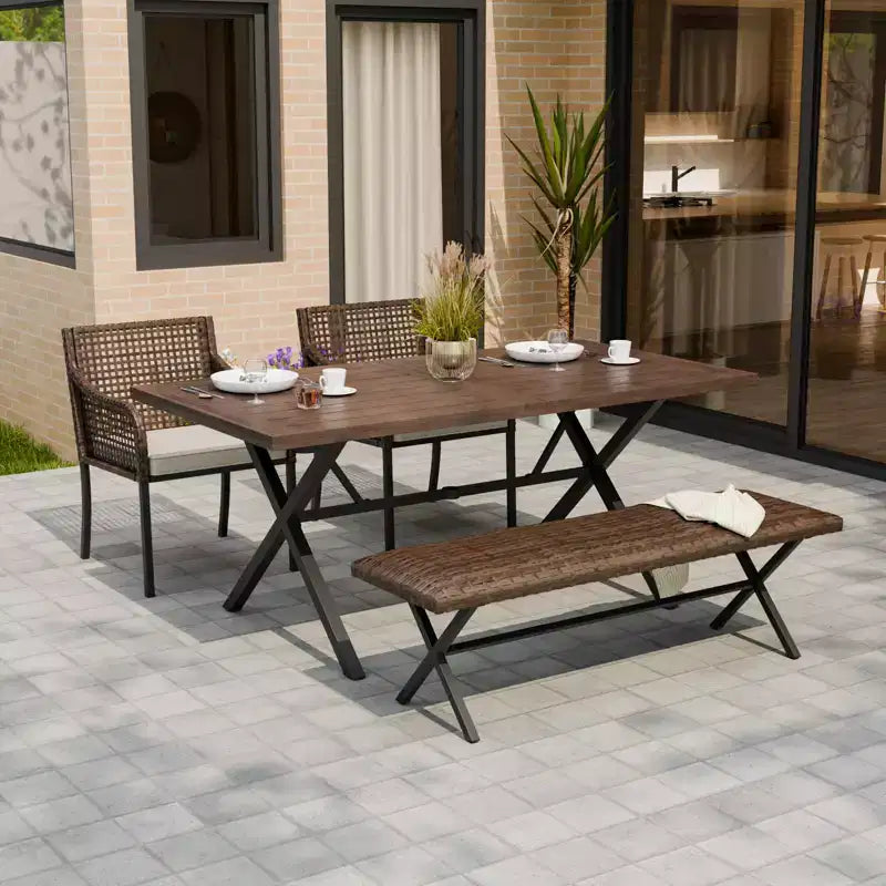 EAGLE PEAK Outdoor Dining Sets, Patio Table Set with Umbrella Hole, 2 Chairs and Bench, Brown/Beige