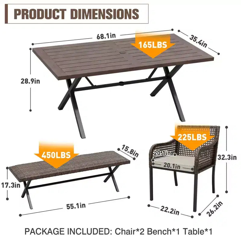 EAGLE PEAK Outdoor Dining Sets, Patio Table Set with Umbrella Hole, 2 Chairs and Bench, Brown/Beige