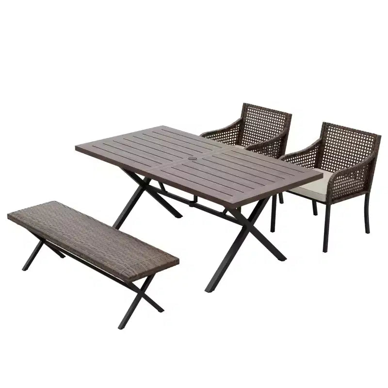 EAGLE PEAK Outdoor Dining Sets, Patio Table Set with Umbrella Hole, 2 Chairs and Bench, Brown/Beige