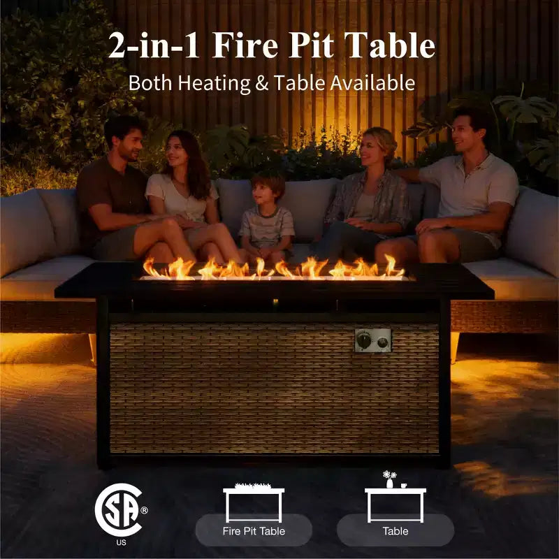 Captiva Designs 10pc Wicker Outdoor Patio Rattan Sectional Conversation Sofa Set with Fire Pit Table and Cushioned Ottoman