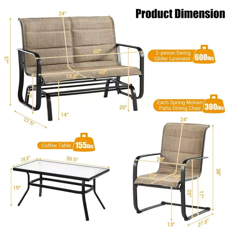 Costway 4PCS Patio Conversation Set Cotton Padded Furniture Set w/ Swing Glider Loveseat