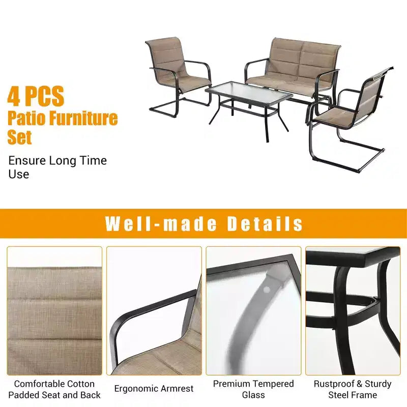 Costway 4PCS Patio Conversation Set Cotton Padded Furniture Set w/ Swing Glider Loveseat