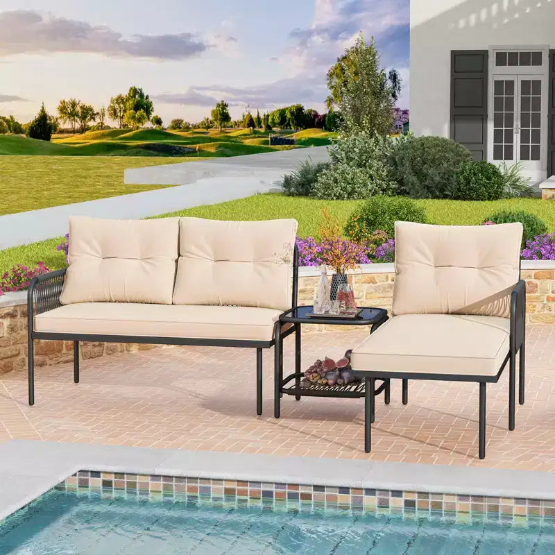 Costway 3-Piece L Shaped Patio Furniture Set w/Tempered Glass Table Back & Seat Cushions