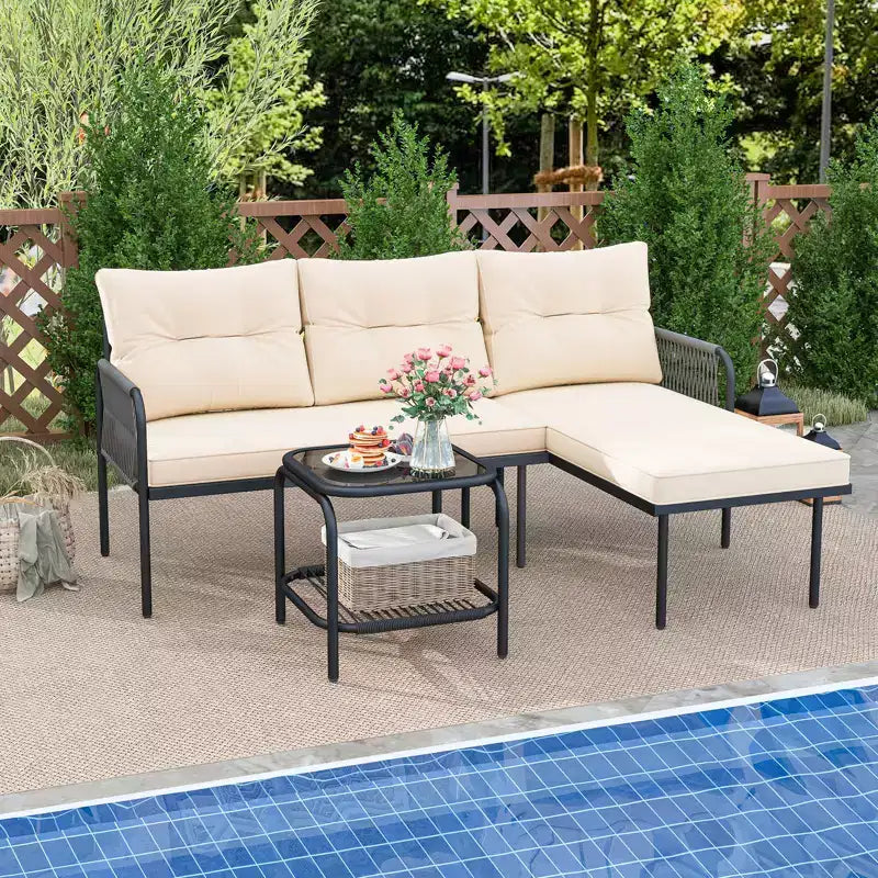 Costway 3-Piece L Shaped Patio Furniture Set w/Tempered Glass Table Back & Seat Cushions