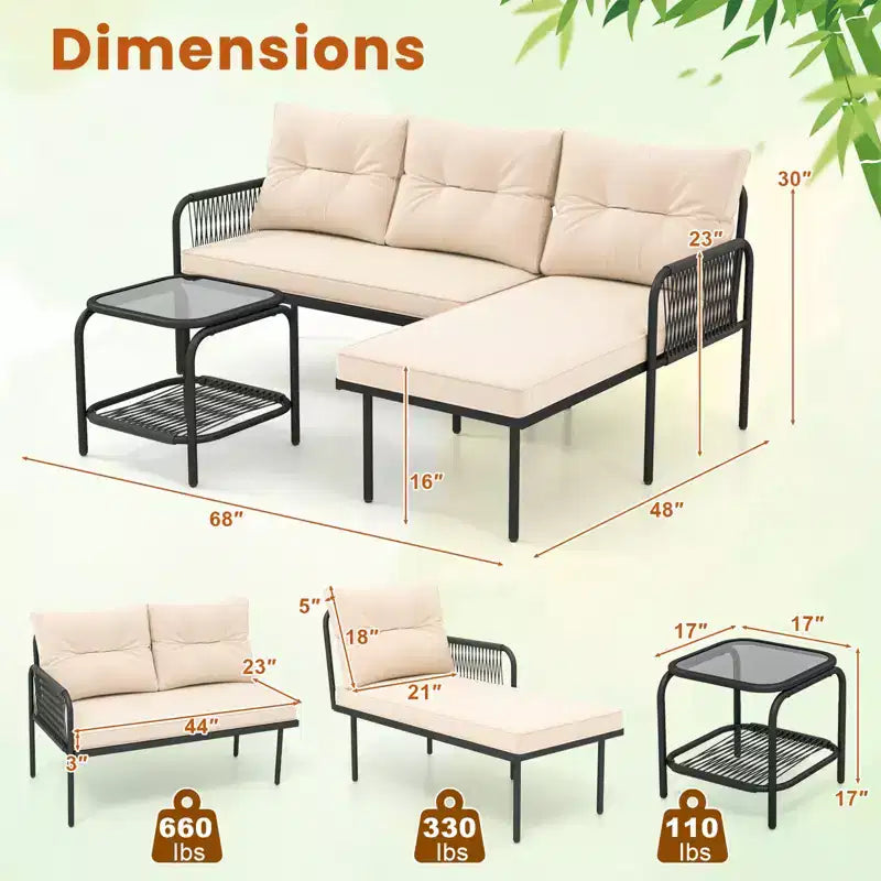 Costway 3-Piece L Shaped Patio Furniture Set w/Tempered Glass Table Back & Seat Cushions