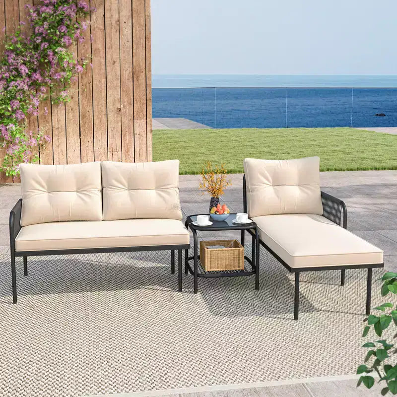 Costway 3-Piece L Shaped Patio Furniture Set w/Tempered Glass Table Back & Seat Cushions