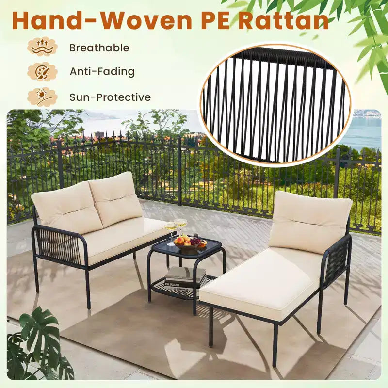 Costway 3-Piece L Shaped Patio Furniture Set w/Tempered Glass Table Back & Seat Cushions