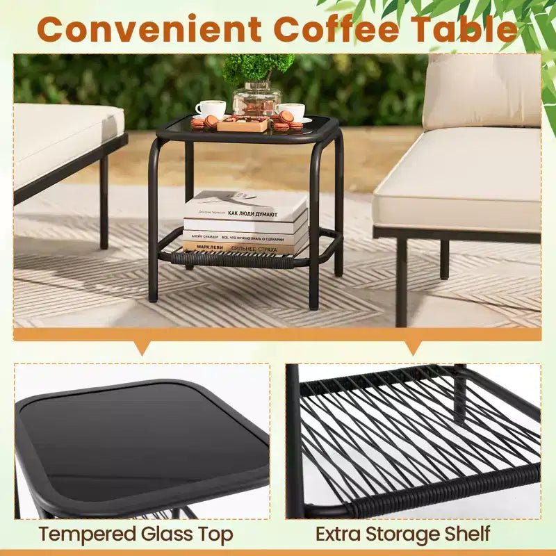 Costway 3-Piece L Shaped Patio Furniture Set w/Tempered Glass Table Back & Seat Cushions
