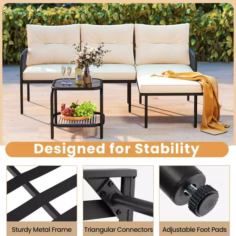 Costway 3-Piece L Shaped Patio Furniture Set w/Tempered Glass Table Back & Seat Cushions