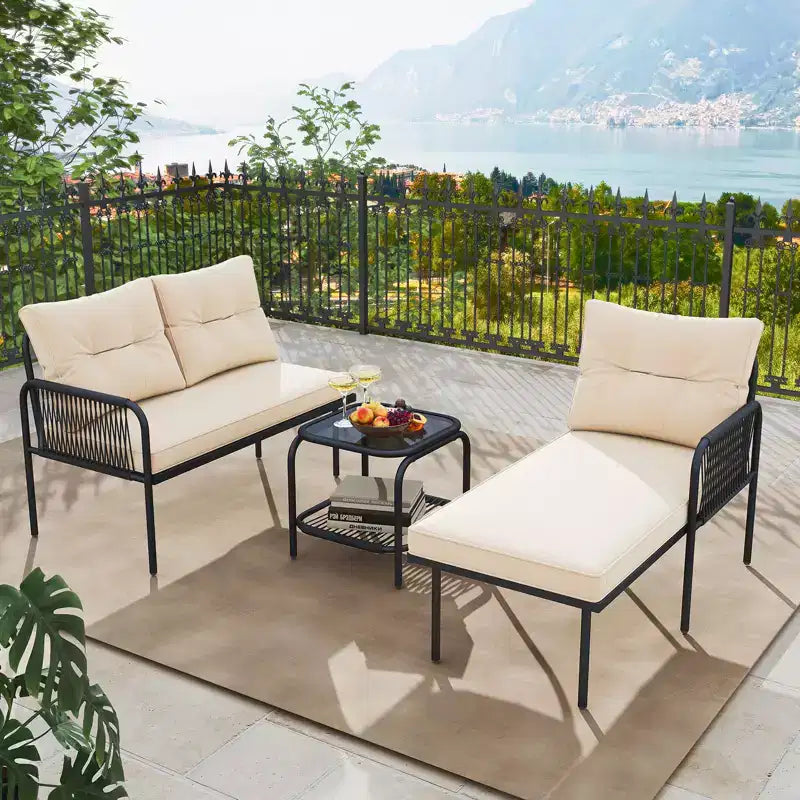 Costway 3-Piece L Shaped Patio Furniture Set w/Tempered Glass Table Back & Seat Cushions