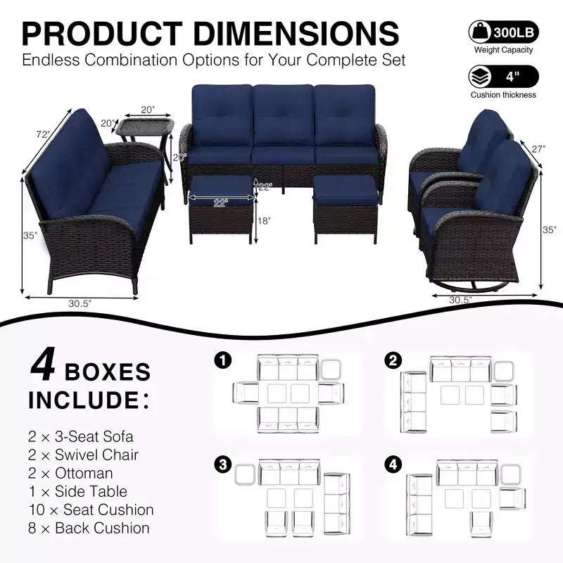 UPTIOT Outdoor Patio Set with Sofas, Swivel Chairs, Ottomans, and Side Table