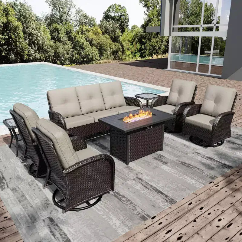UPTIOT Outdoor Patio Set with Fire Pit, Sofa, Swivel Chairs, and Side Tables