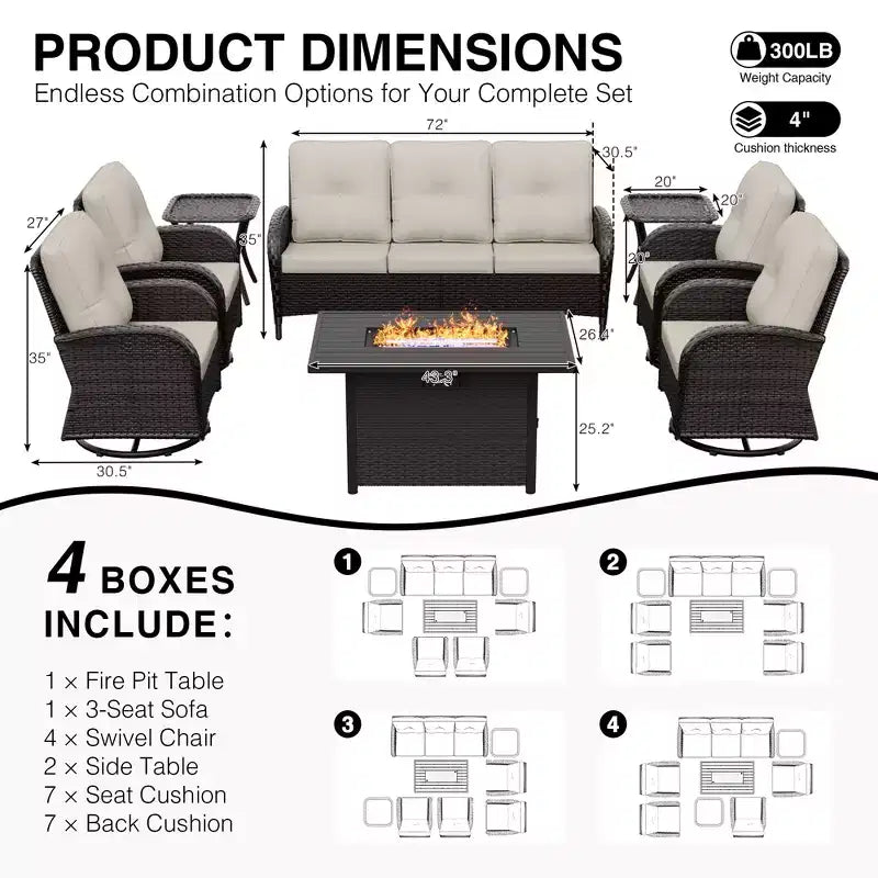 UPTIOT Outdoor Patio Set with Fire Pit, Sofa, Swivel Chairs, and Side Tables