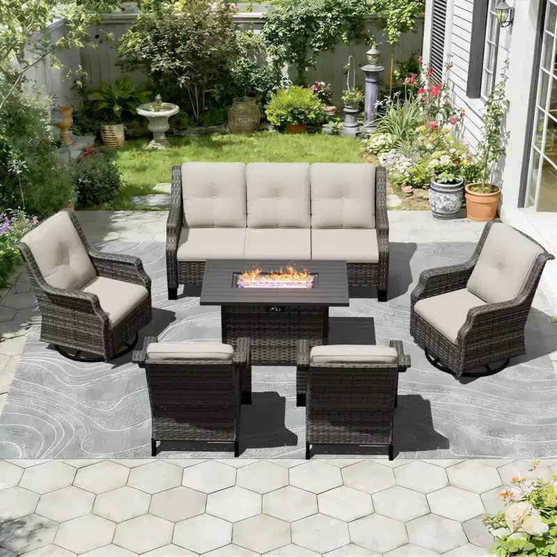 UPTIOT Premium Outdoor Set with Rocking Chairs, Swivel Chairs, Sofa & Fire Pit for Ultimate Relaxation