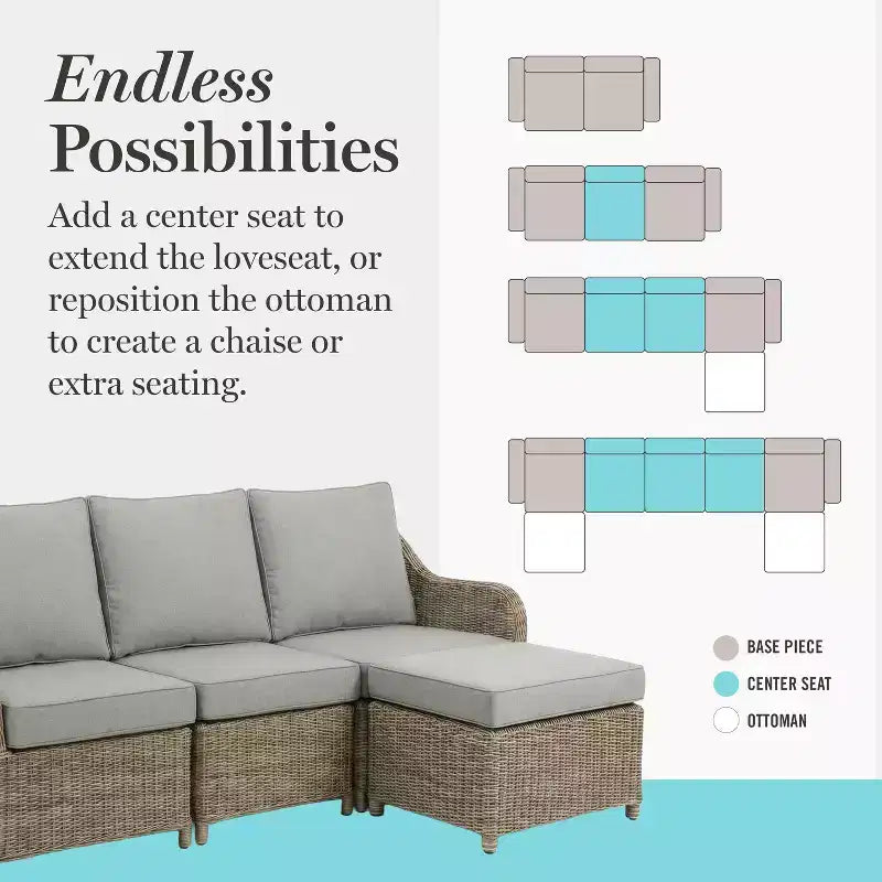 Martha Stewart Lily Pond Indoor-Outdoor Modular 3-Seat Patio Sofa with Ottoman in Weathered Gray Rattan Wicker with Gray All-Weather Cushions