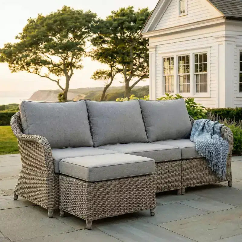 Martha Stewart Lily Pond Indoor-Outdoor Modular 3-Seat Patio Sofa with Ottoman in Weathered Gray Rattan Wicker with Gray All-Weather Cushions