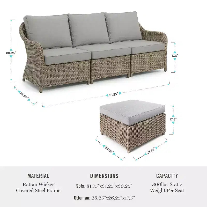 Martha Stewart Lily Pond Indoor-Outdoor Modular 3-Seat Patio Sofa with Ottoman in Weathered Gray Rattan Wicker with Gray All-Weather Cushions