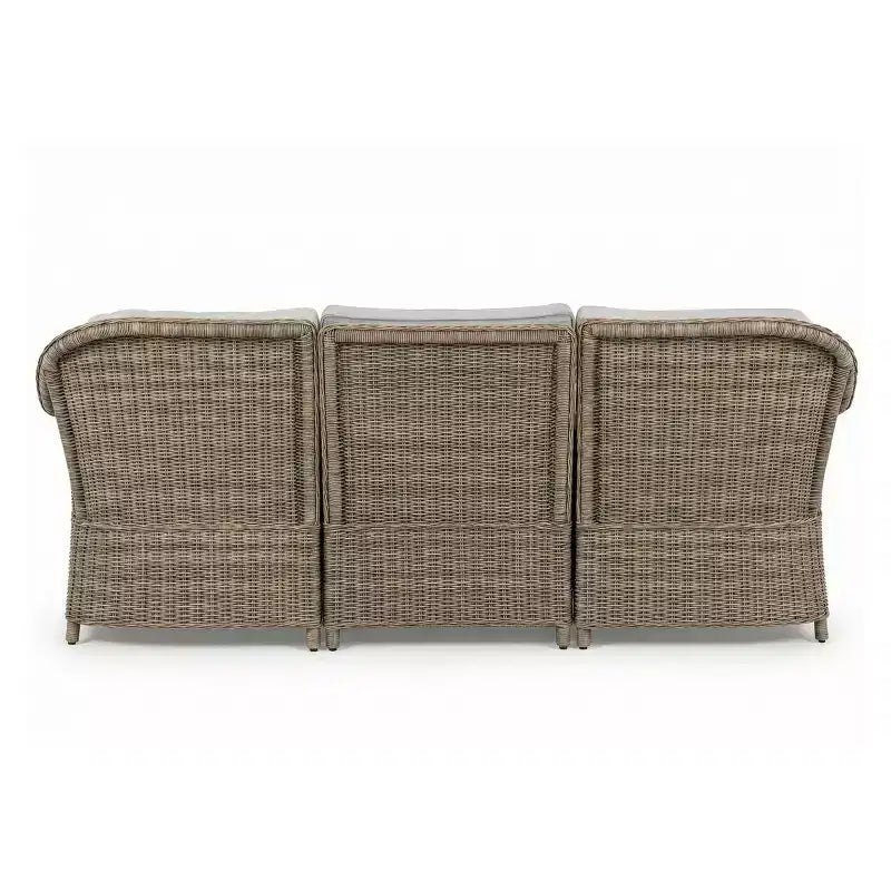 Martha Stewart Lily Pond Indoor-Outdoor Modular 3-Seat Patio Sofa with Ottoman in Weathered Gray Rattan Wicker with Gray All-Weather Cushions